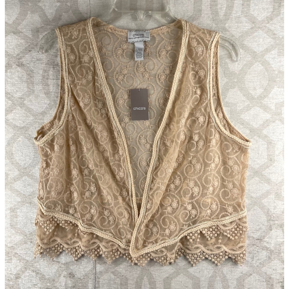Chico's Charlotte Detailed Vest Women L/XL Frappe NWT Sheer Lace Embroidered